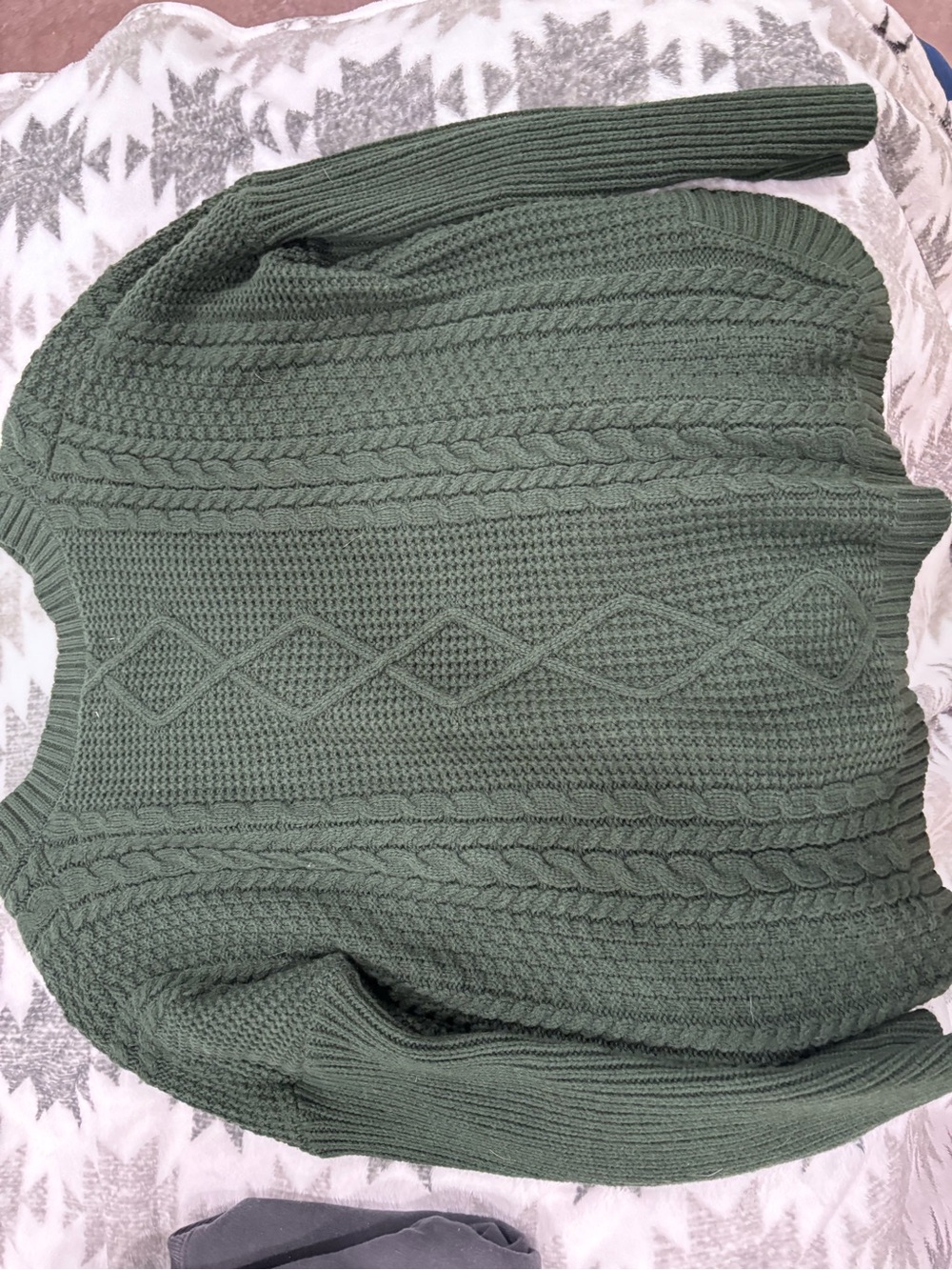Natural Reflections Olive Green Cable Knit Crewneck Sweater (with pets)